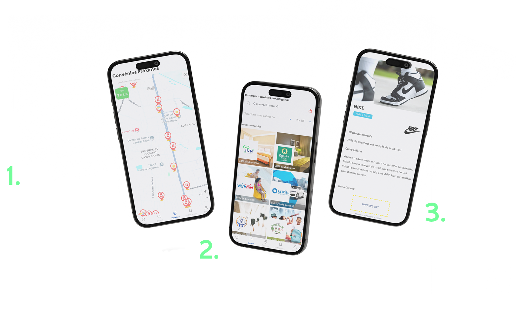 Três telas do aplicativo: convênios próximos no mapa, busca por convênios e categorias, e detalhe da oferta com cupom