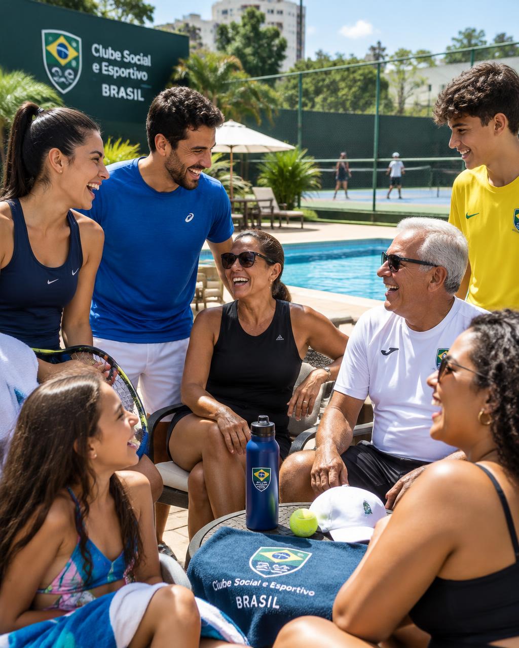 Sócios de um clube conversando junto à piscina