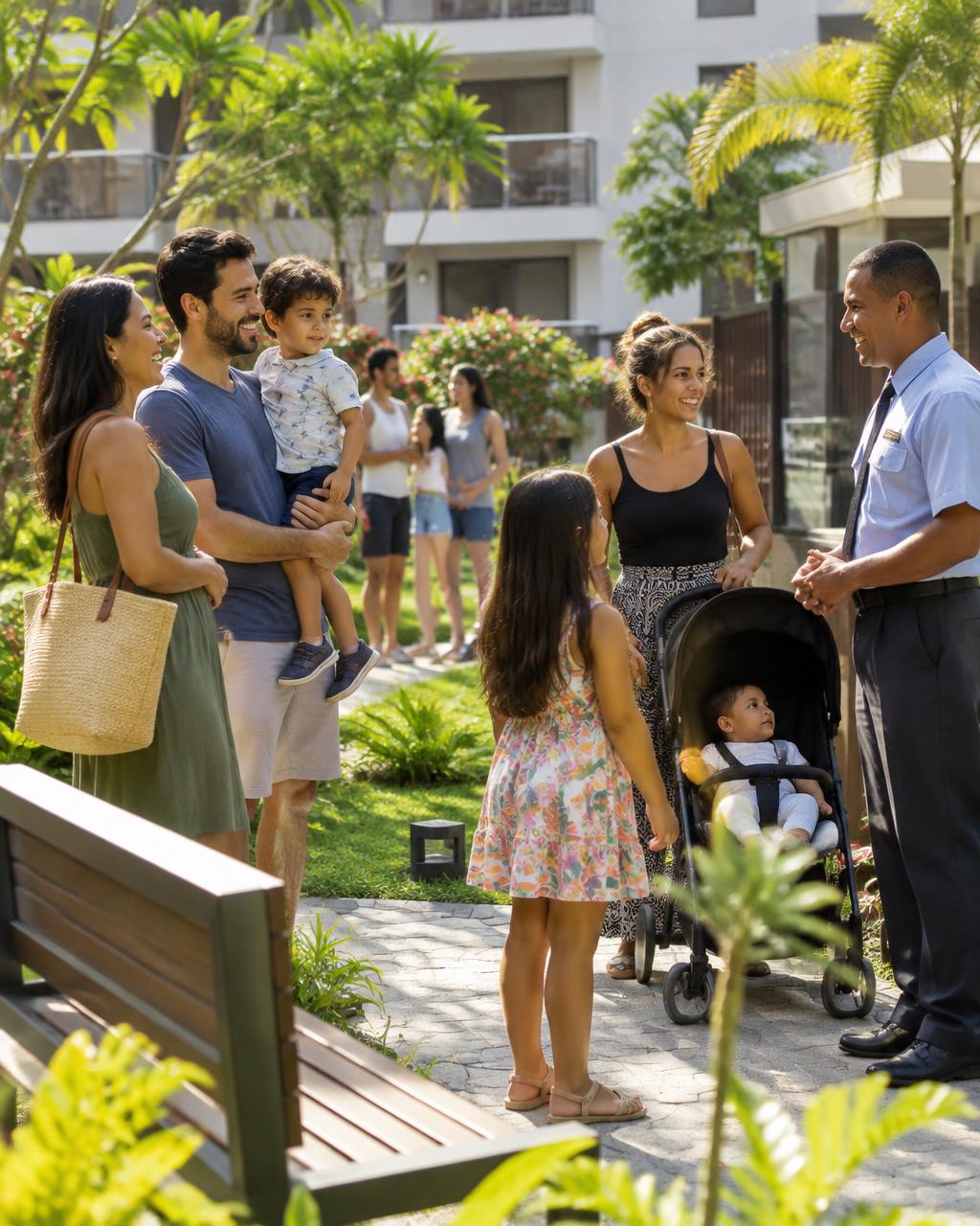 Moradores conversando no jardim de um condomínio