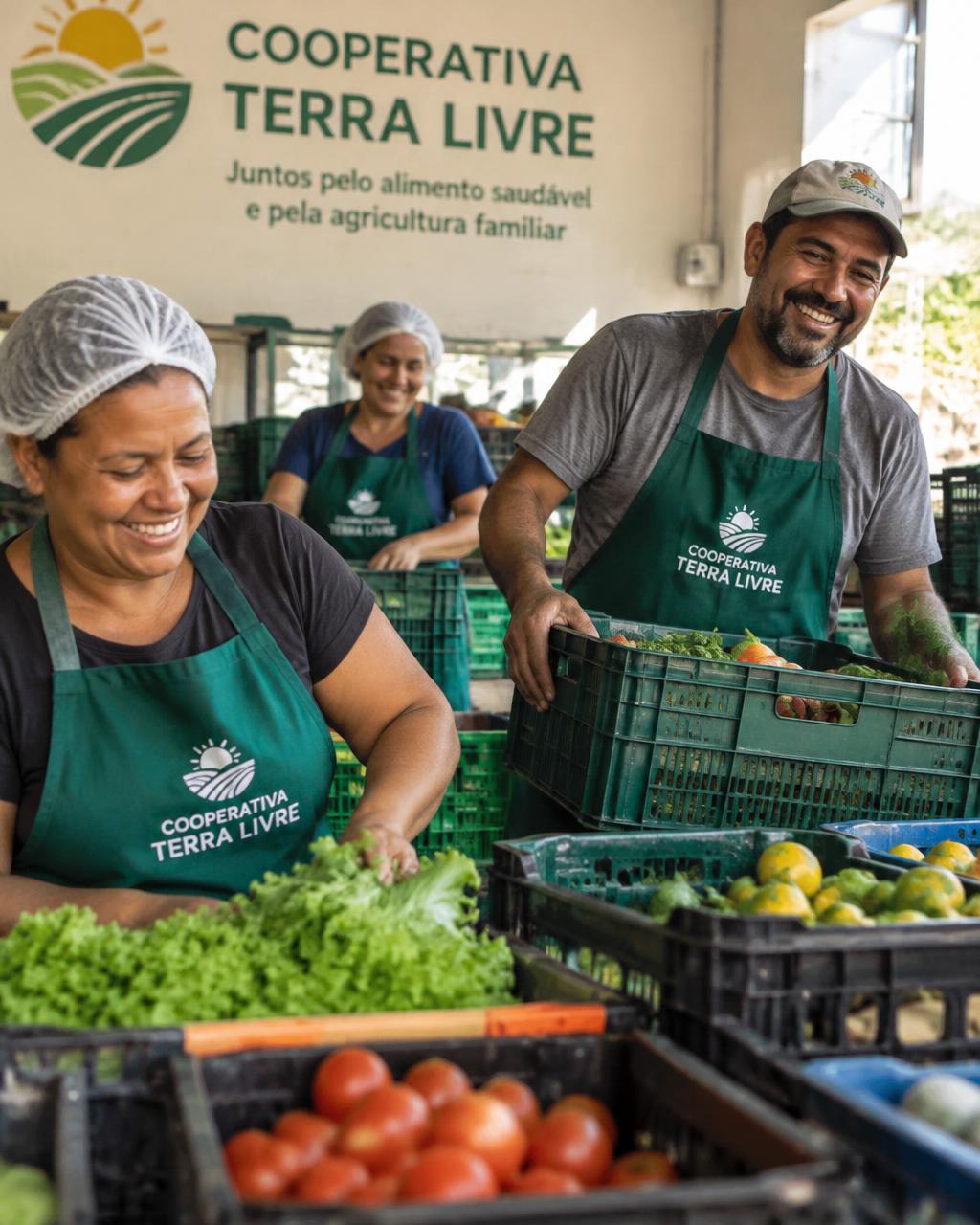 Cooperados organizando produtos em uma cooperativa