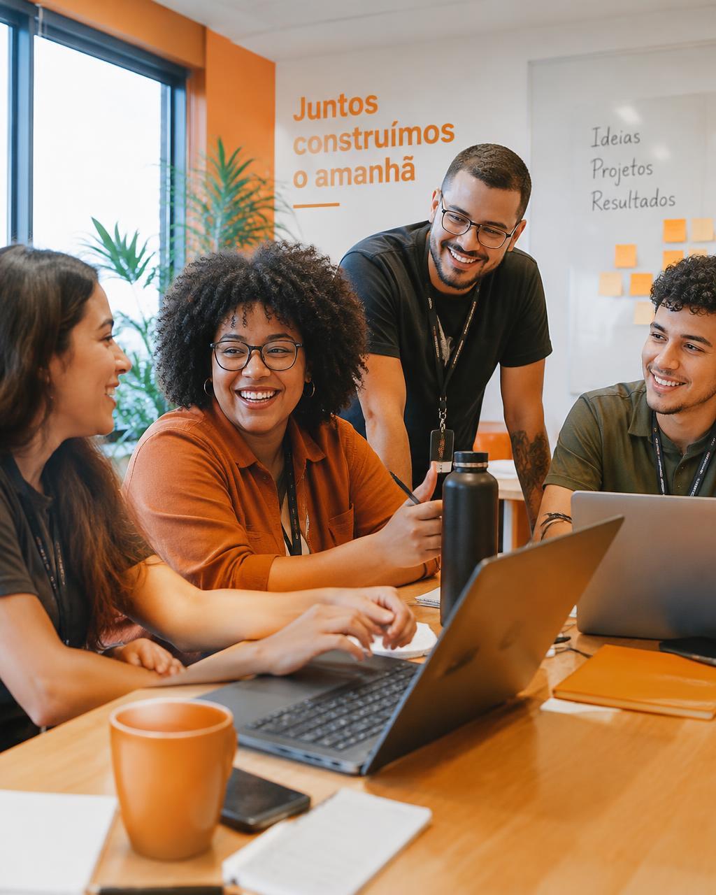 Equipe de uma empresa sorrindo durante uma reunião