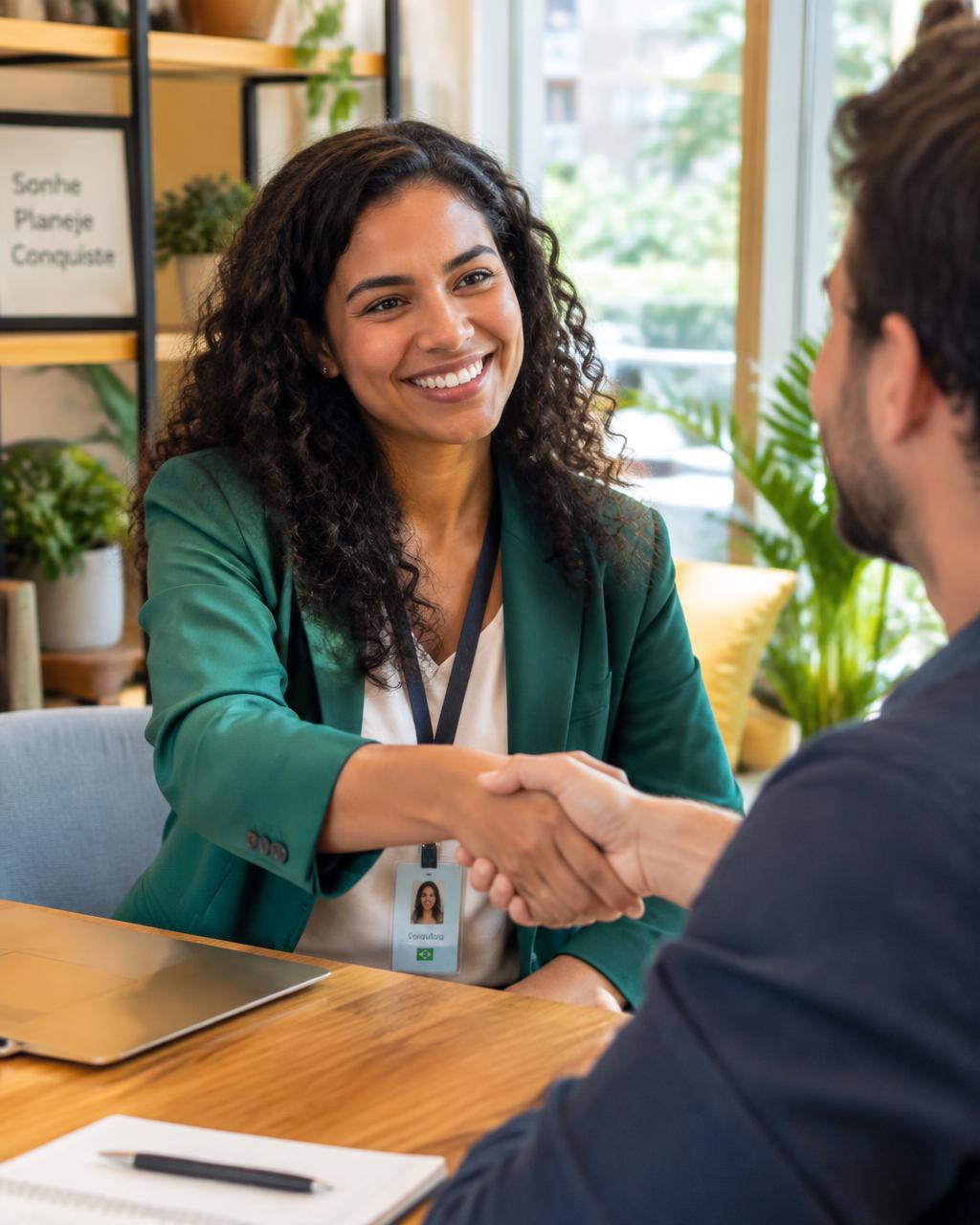 Consultora cumprimentando um cliente com um aperto de mãos